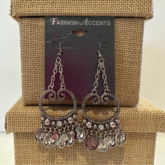 NWT Fashion Accents Earrings silver tone fish hook dangle big circle w/ coins - Picture 5 of 8